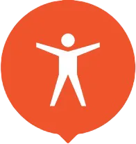 An orange speech bubble shape features a white stick figure with outstretched arms and legs slightly apart.