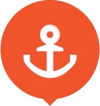 A white anchor symbol is centered on a vibrant orange background. The background shape is circular with a pointed bottom, resembling a location pin. The anchor has subtle shading, giving it a slight three-dimensional quality.