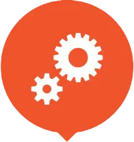 A bright orange speech bubble shape contains two white gears. A larger gear is positioned above and to the right of a smaller gear, both depicted with flat, even lighting.