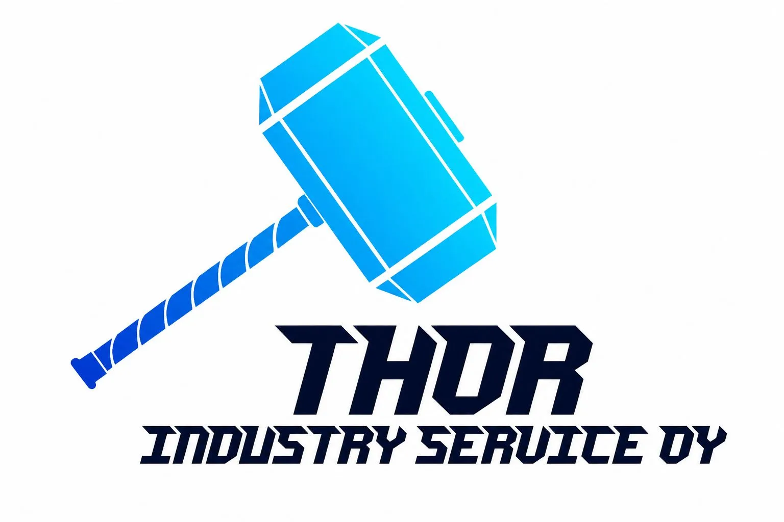A graphic logo displays a blue gradient hammer, similar to Mjolnir, angled upwards. Below it, the word 'THOR' is in bold, dark blue block letters, with 'INDUSTRY SERVICE OY' in smaller, dark blue, stylized capitals underneath, all on a white background.