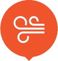 A bright orange circular icon with a pointed bottom displays a white stylized symbol of three horizontal wavy lines, depicting wind. The top and bottom lines curve at their left ends, and all lines are flatly lit.